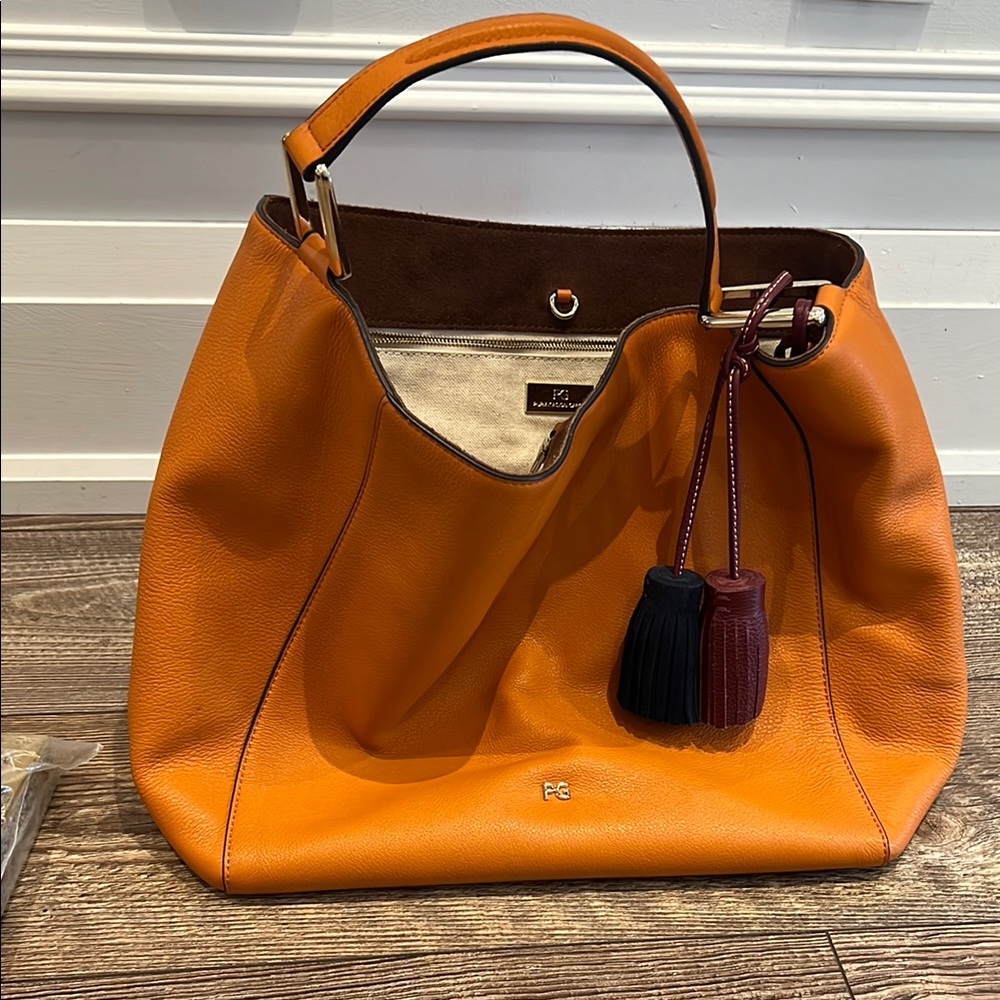 Purificacion Garcia Large Orange Leather Tote Bag